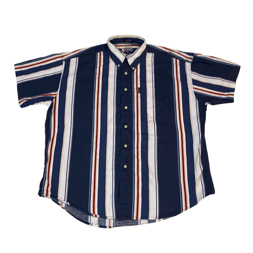Vintage Chaps Ralph Lauren Mens XL Shirt Vertical Striped Navy Blue Red